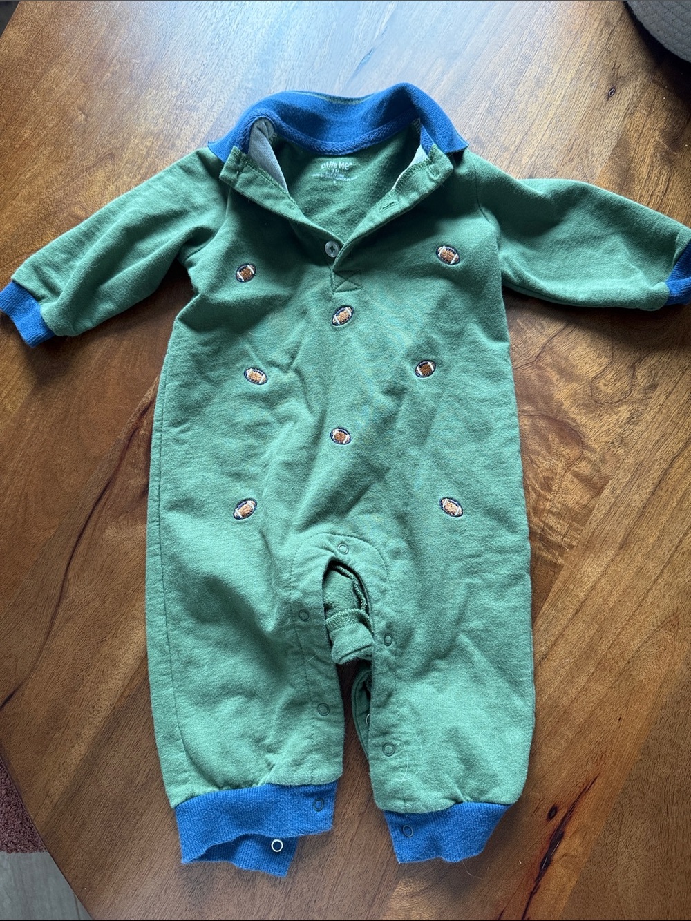 Little Me Green One-Piece with Blue Trim and Embroidered Accents